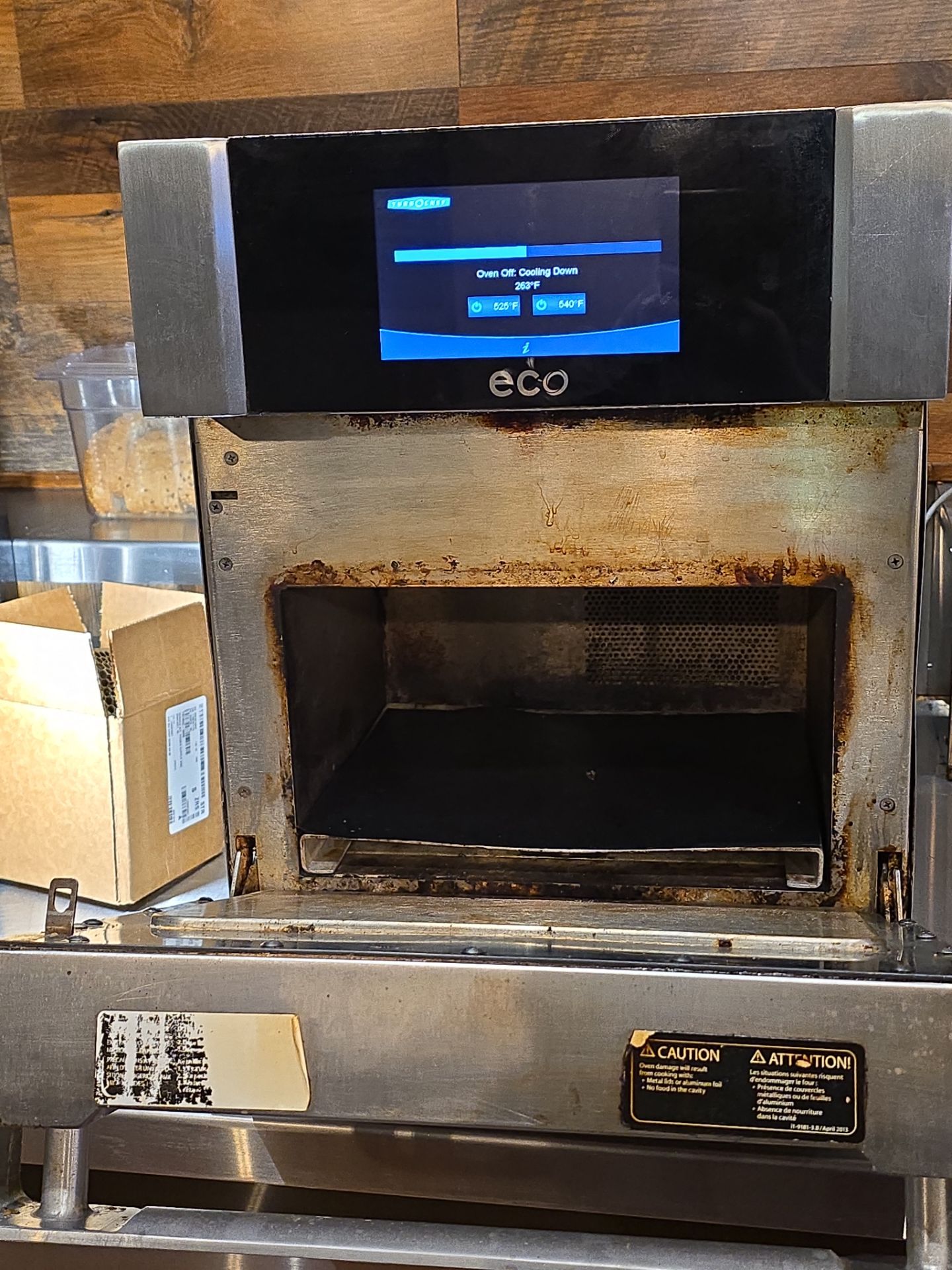 TurboChef oven display showing Cooling Down at 263 degrees after overtemperature fault