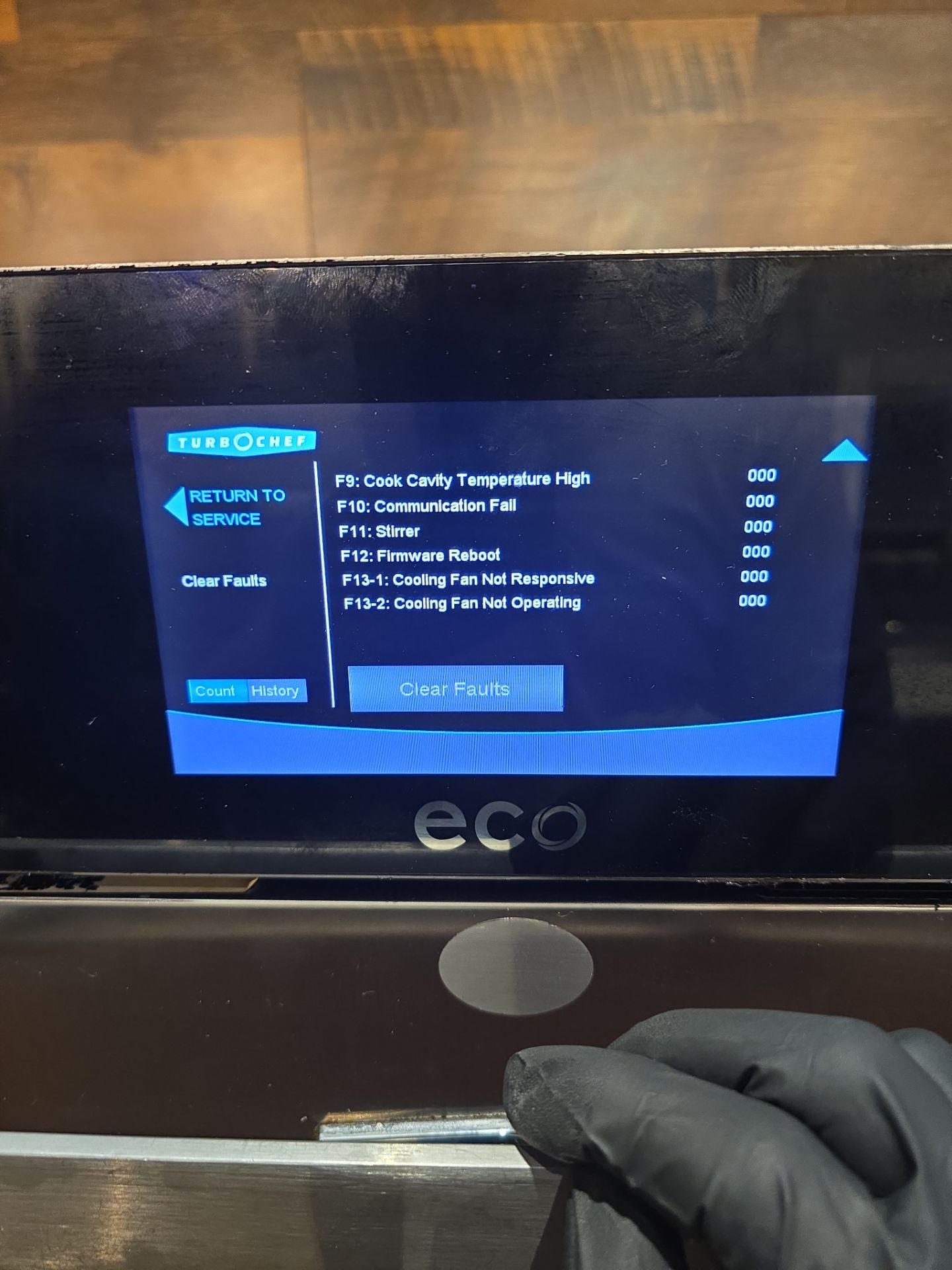 TurboChef oven error code screen displaying F9 through F13 fault codes